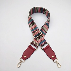 Adjustable colorful ethnic style wide shoulder strap with red leather and gold hooks