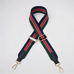 Detailed view of the adjustable tri-color striped nylon strap with gold swivel hooks