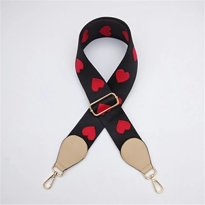 Adjustable black wide bag strap with red heart embroidery and beige leather ends