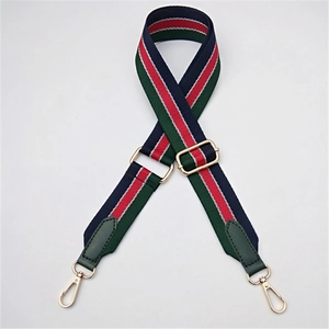 Adjustable crossbody bag strap with classic red, green, and blue striped webbing and gold clips