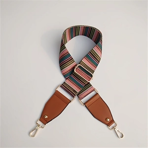 Macro shot of colorful striped wide replacement bag strap with golden metal swivel hooks