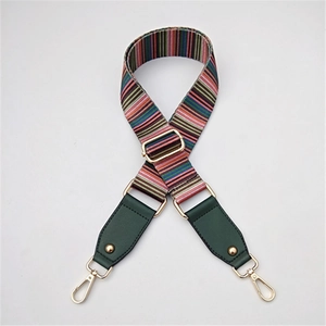 Detail of adjustable ethnic style striped canvas strap with leather trim and gold hardware