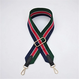 Detail view of colorful adjustable canvas strap with premium gold lobster clasps and hardware