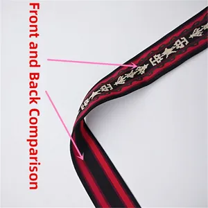 Detail view comparing the front and back of ethnic style woven red and black striped strap