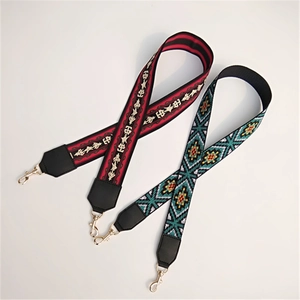 Ethnic style colorful woven shoulder straps with geometric patterns and gold metal buckles
