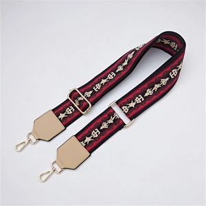Adjustable colorful ethnic pattern shoulder strap with gold metal hooks and leather trim