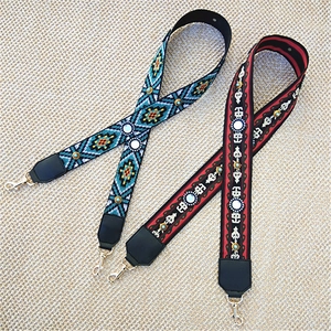 Ethnic bohemian woven handbag straps with colorful geometric patterns and gold rivets