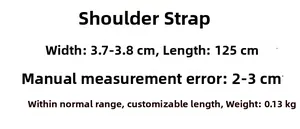 Detailed size chart showing 3.8cm width and 125cm length for the PU leather bag strap