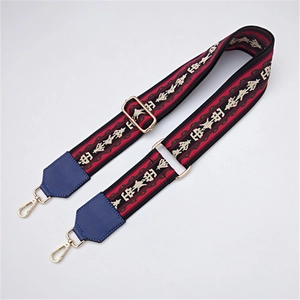 Close-up of ethnic style embroidered replacement bag strap with golden hardware