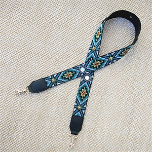 Bohemian style colorful woven bag strap with ethnic patterns and silver metal hooks
