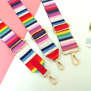 Adjustable rainbow striped wide shoulder strap with gold hardware for handbags