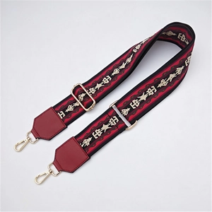 Detailed view of ethnic geometric pattern strap with red PU leather and gold lobster clasps