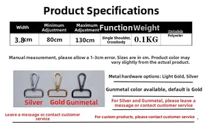 Adjustable 3.8cm polyester shoulder strap with detailed dimensions and metal hook options