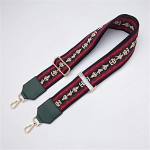 Ethnic style adjustable embroidery shoulder strap with red and green patterns and gold hooks