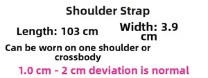 Detailed size chart for wide PU bag strap showing length 103cm and width 3.9cm