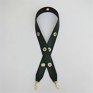 Dark green leather bag strap with gold metal eyelets and lobster clasps for shoulder bags