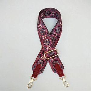 Adjustable wide bohemian shoulder strap with geometric patterns and gold metal hardware