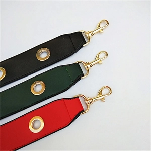 Wide PU leather bag straps with gold metal eyelets in black, dark green, and red