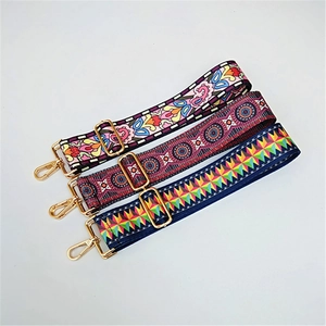Detail view of wide adjustable shoulder straps with ethnic and geometric patterns