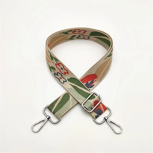 Detail of adjustable floral jacquard replacement strap with silver metal swivel hooks