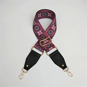 Detail of bohemian geometric pattern on a wide adjustable shoulder strap with gold hooks