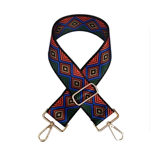 Adjustable wide replacement shoulder strap with colorful geometric diamond weaving and gold hooks