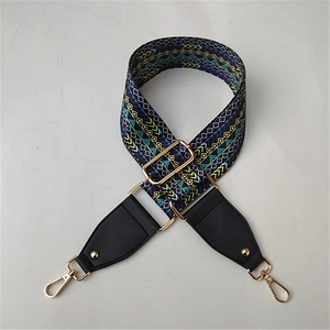 Ethnic geometric embroidery replacement bag strap with navy, yellow, and gold hardware