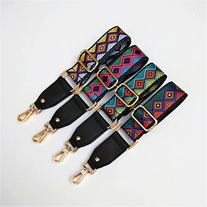 Detail of adjustable wide woven shoulder straps with ethnic patterns and gold hardware
