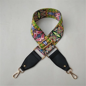 Ethnic wide shoulder strap for handbags with colorful pattern and golden metal hardware