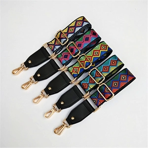 Adjustable Ethnic Style Wide Shoulder Strap Replacement For Women Bags Colorful Geometric Woven Bag Strap With Gold Metal Buckle Fashion Handbag Accessory