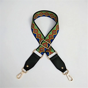 Adjustable wide replacement shoulder strap with colorful ethnic geometric jacquard and gold hooks