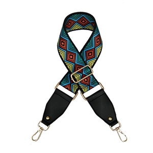 Adjustable ethnic geometric jacquard shoulder strap with gold swivel hooks for crossbody bags