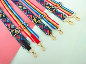 Adjustable colorful wide shoulder straps for bags with gold metal hardware and hooks