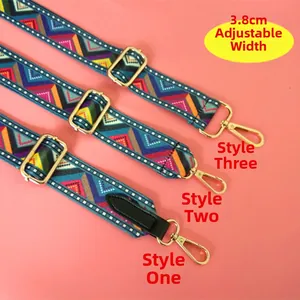 Three 3.8cm wide geometric pattern bag straps with gold metal lobster clasps