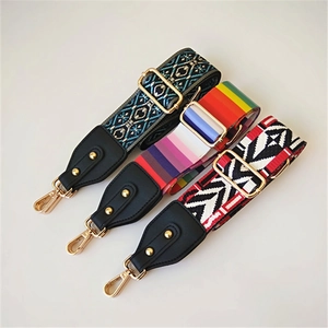 Adjustable ethnic patterned shoulder straps with colorful embroidery and golden hooks