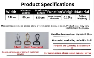 Adjustable 3.8cm wide cotton bag strap with metal hooks, 80-130cm length detail view