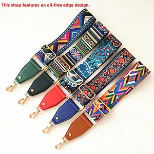 Detail of bohemian wide shoulder straps with colorful patterns and durable metal buckles