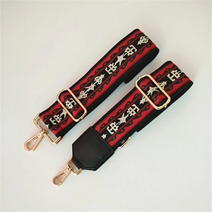 Ethnic style colorful adjustable wide shoulder strap with red geometric pattern and gold clips