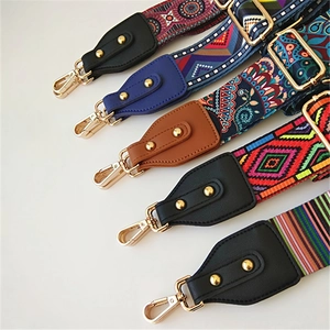 Ethnic style colorful wide shoulder straps for handbags with bohemian patterns and gold hooks
