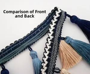 Détail recto verso de la bandoulière tissée ethnique avec des pompons colorés variés