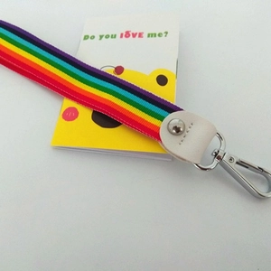Rainbow striped short handbag strap with white leather end and silver metal lobster clasp
