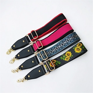 Detail of four colorful adjustable replacement shoulder straps with gold metal hardware