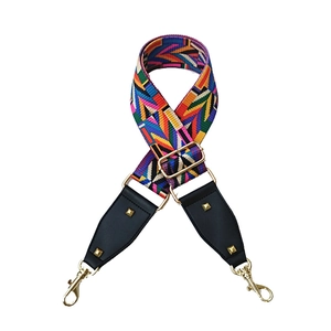 Adjustable colorful woven wide shoulder strap with ethnic patterns and gold hardware