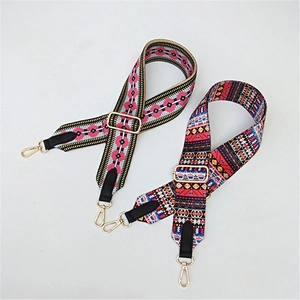 Adjustable bohemian ethnic style woven shoulder straps with golden metal hooks for bags