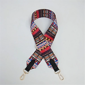 Ethnic style woven shoulder strap with geometric patterns and gold metal hooks