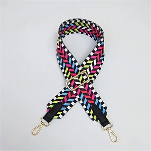 Adjustable wide shoulder strap with colorful ethnic patterns and golden metal lobster clasps