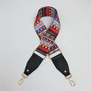 Ethnic style colorful wide guitar strap for bags with gold metal hooks and geometric patterns