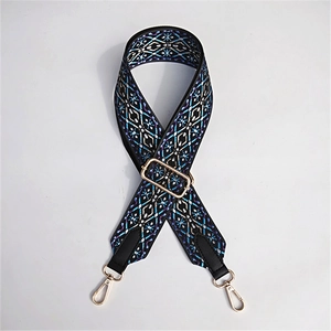 Adjustable ethnic style guitar strap for bags with blue geometric embroidery and gold clips