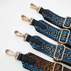 Detailed view of woven ethnic patterns on colorful adjustable wide shoulder bag straps
