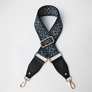 Adjustable wide ethnic embroidery shoulder strap with blue geometric patterns and gold clips